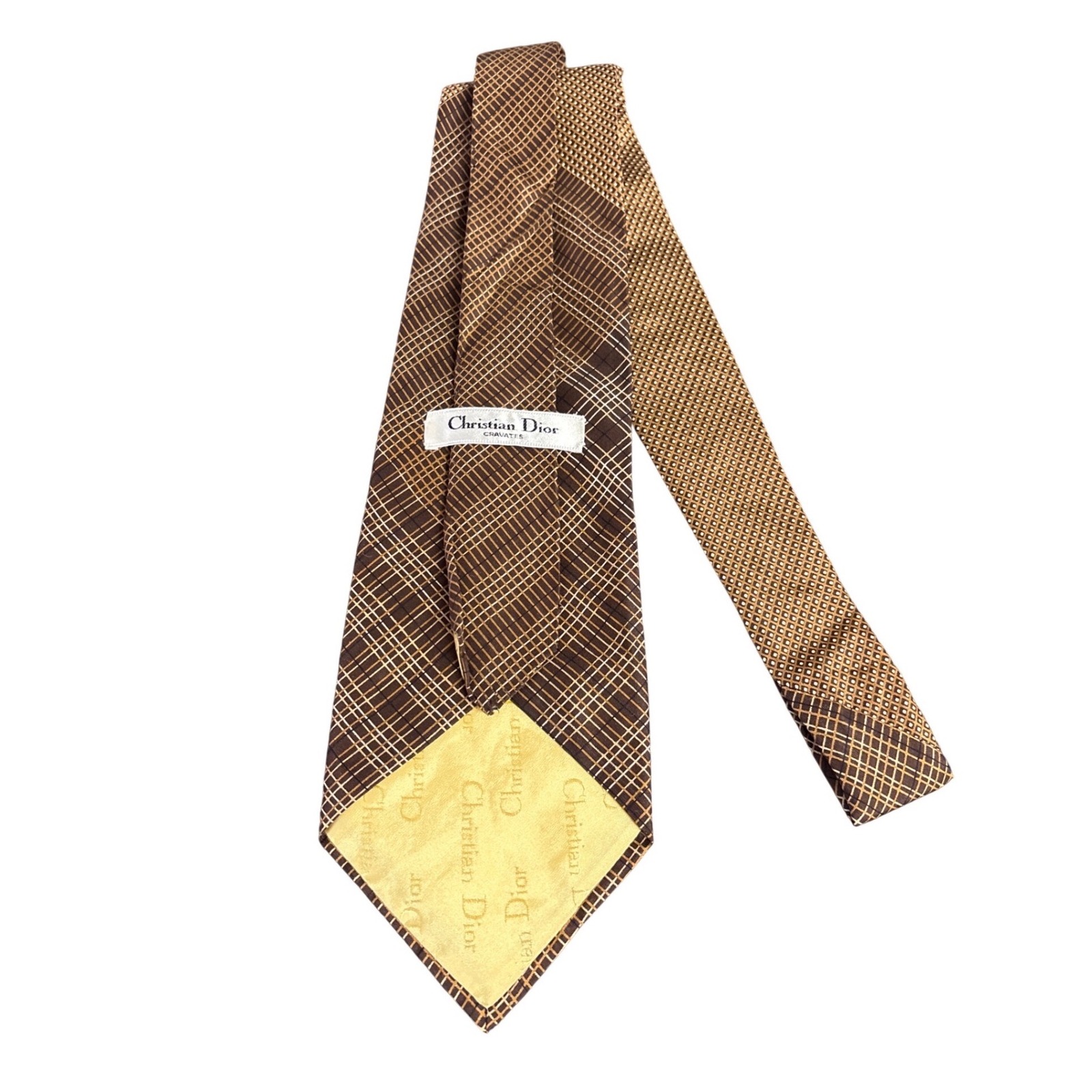Christian Dior Cravattes Mens Silk Tie Brown Tan Geometric Grid Check France